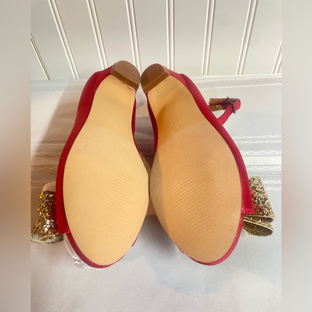 Joyfolie Valerie Pump Heel Ankle Strap Red Satin Glitter Bow Girls Sz 13 - Picture 8 of 9